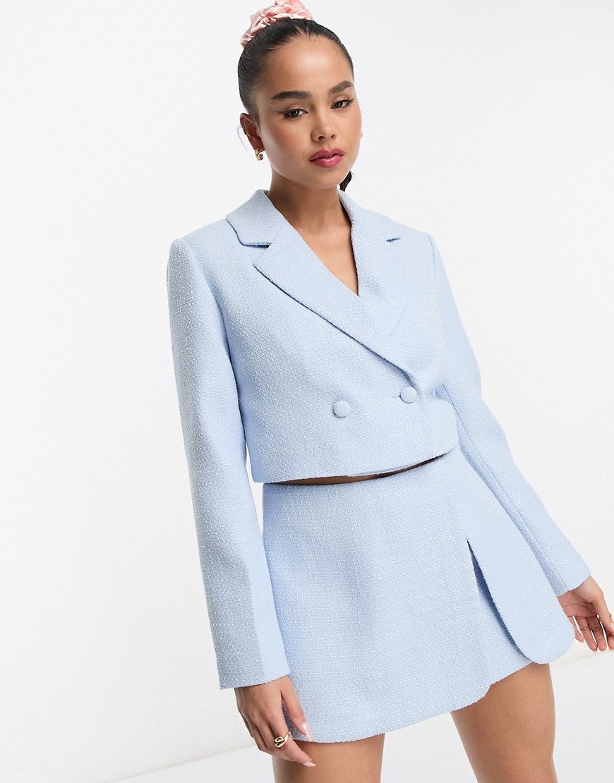 Miss Selfridge co-ord cropped double breasted blazer in light blue boucle