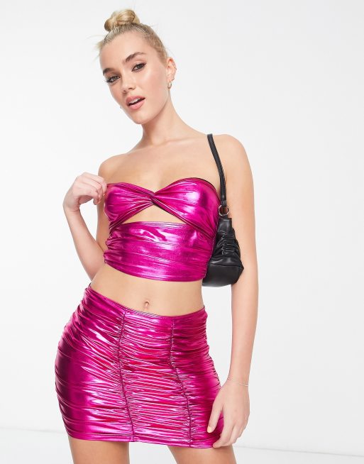 Miss Selfridge co-ord metallic twist bandeau top in pink , 3 of 4