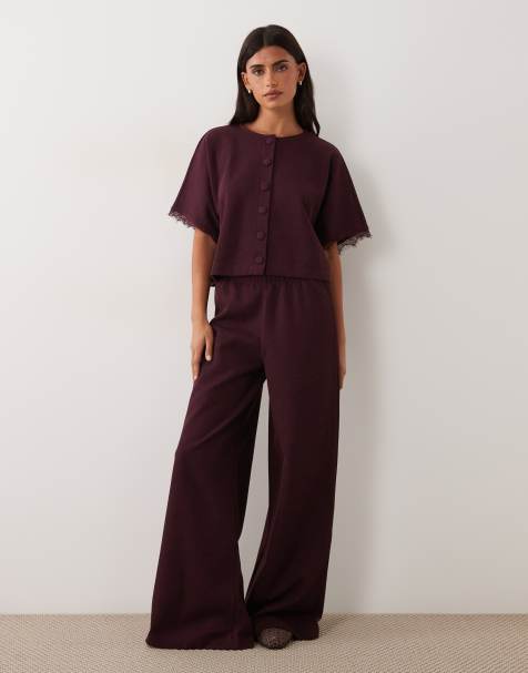 Miss Selfridge - Co-ord set met vest met vleermuismouwen en broek met wijde pijpen in pruimrood - view 1