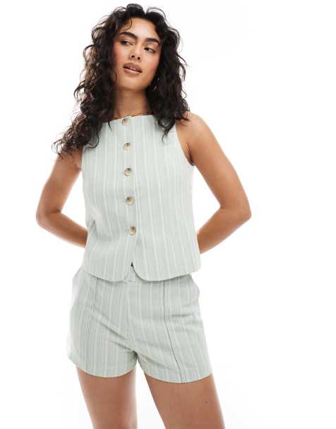 Miss Selfridge co-ord tailored high waist shorts in green pinstripe - view 1