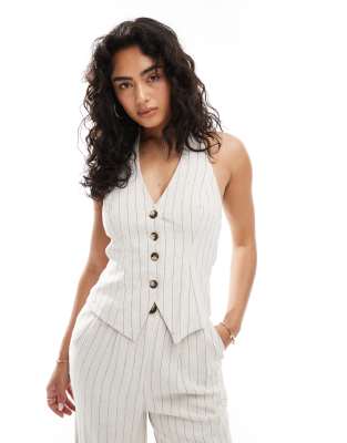 Miss Selfridge Miss Selfridge co-ord tailored linen waistcoat in pinstripe-Neutral