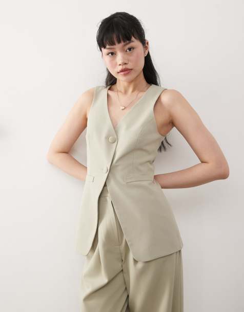 Miss Selfridge co-ord tailored longline waistcoat in khaki - view 1