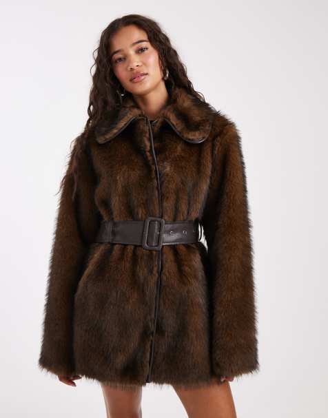 Miss Selfridge collar belted mid length faux fur coat in brown - view 1