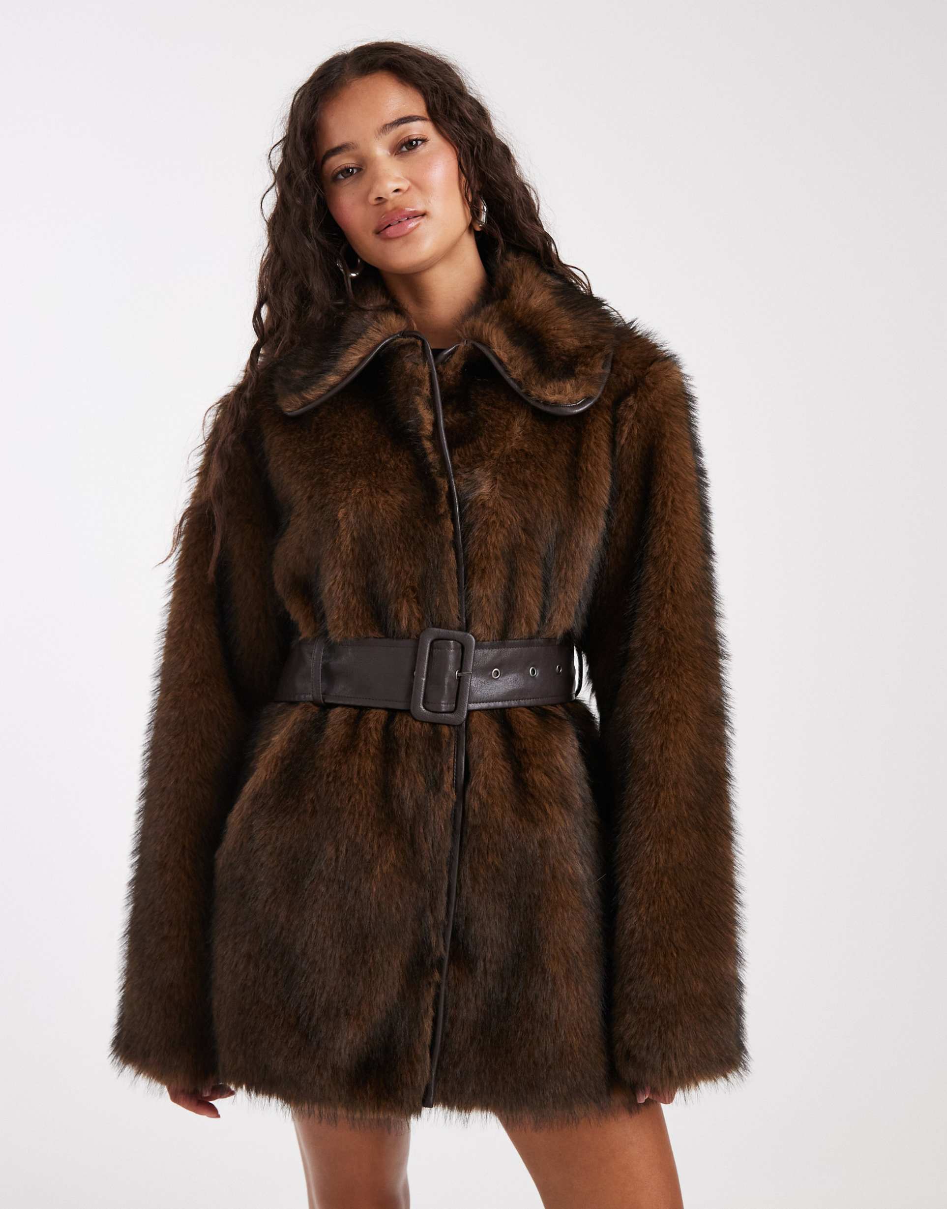 miss selfridge collar belted mid length faux fur coat in brown