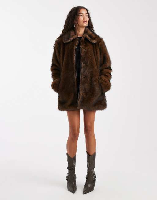 Miss Selfridge collar belted mid length faux fur coat in brown | ASOS