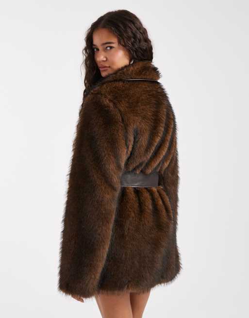 Miss Selfridge collar belted mid length faux fur coat in brown, 3 of 4