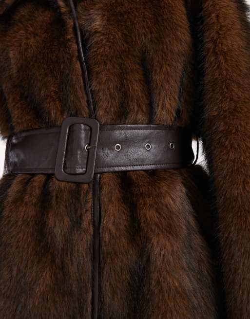 Miss Selfridge collar belted mid length faux fur coat in brown | ASOS