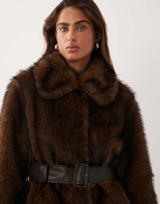 Miss Selfridge Collar Belted Mid Length Faux Fur Coat In Brown