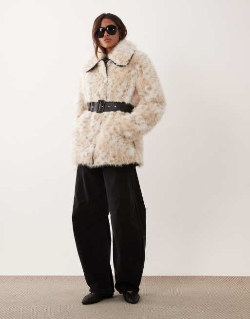 Miss Selfridge collar belted mid length faux fur coat in snow leopard, 2 of 4