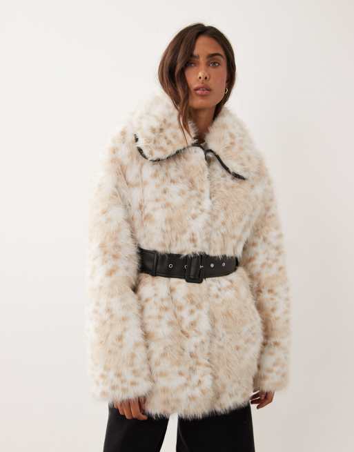Miss Selfridge collar belted mid length faux fur coat in snow leopard, 3 of 4
