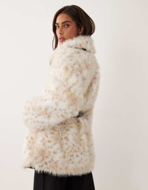 Miss Selfridge collar belted mid length faux fur coat in snow leopard, 4 of 4