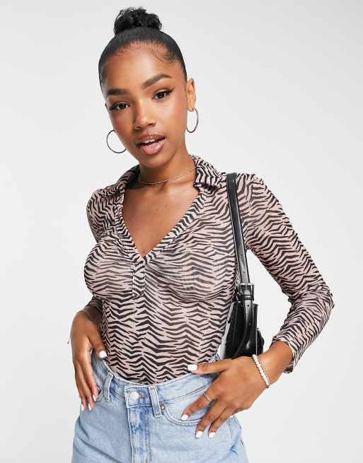 Miss Selfridge collar bodysuit in animal print | ASOS