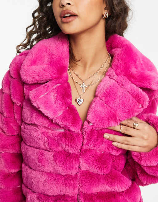 Miss Selfridge collar crop faux fur jacket in bright pink