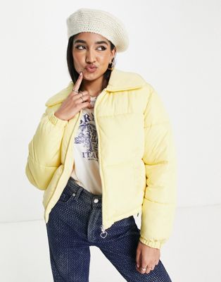 Miss Selfridge collar crop puffer jacket in pale yellow