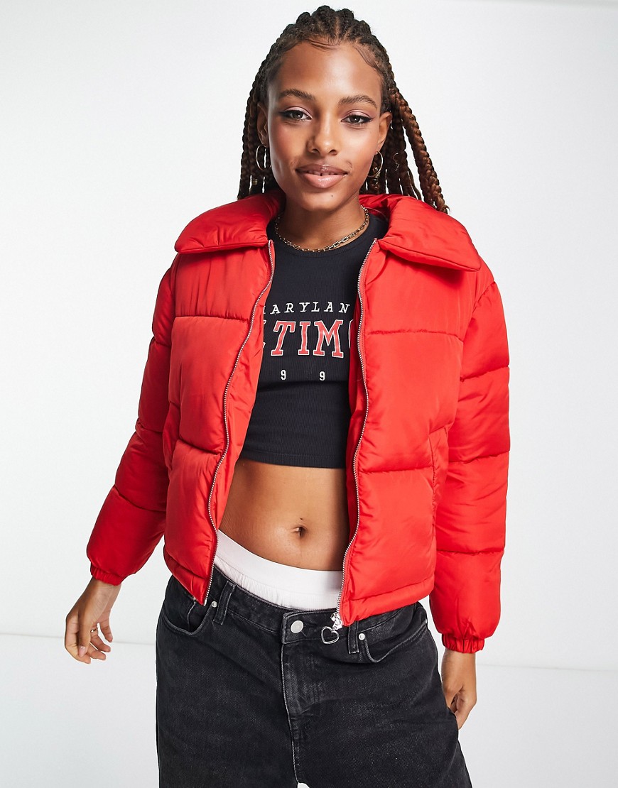 Miss Selfridge collar crop puffer jacket in red-No colour