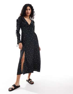 Miss Selfridge collar tie front bow sleeve maxi dress in polka dot bow print-Black