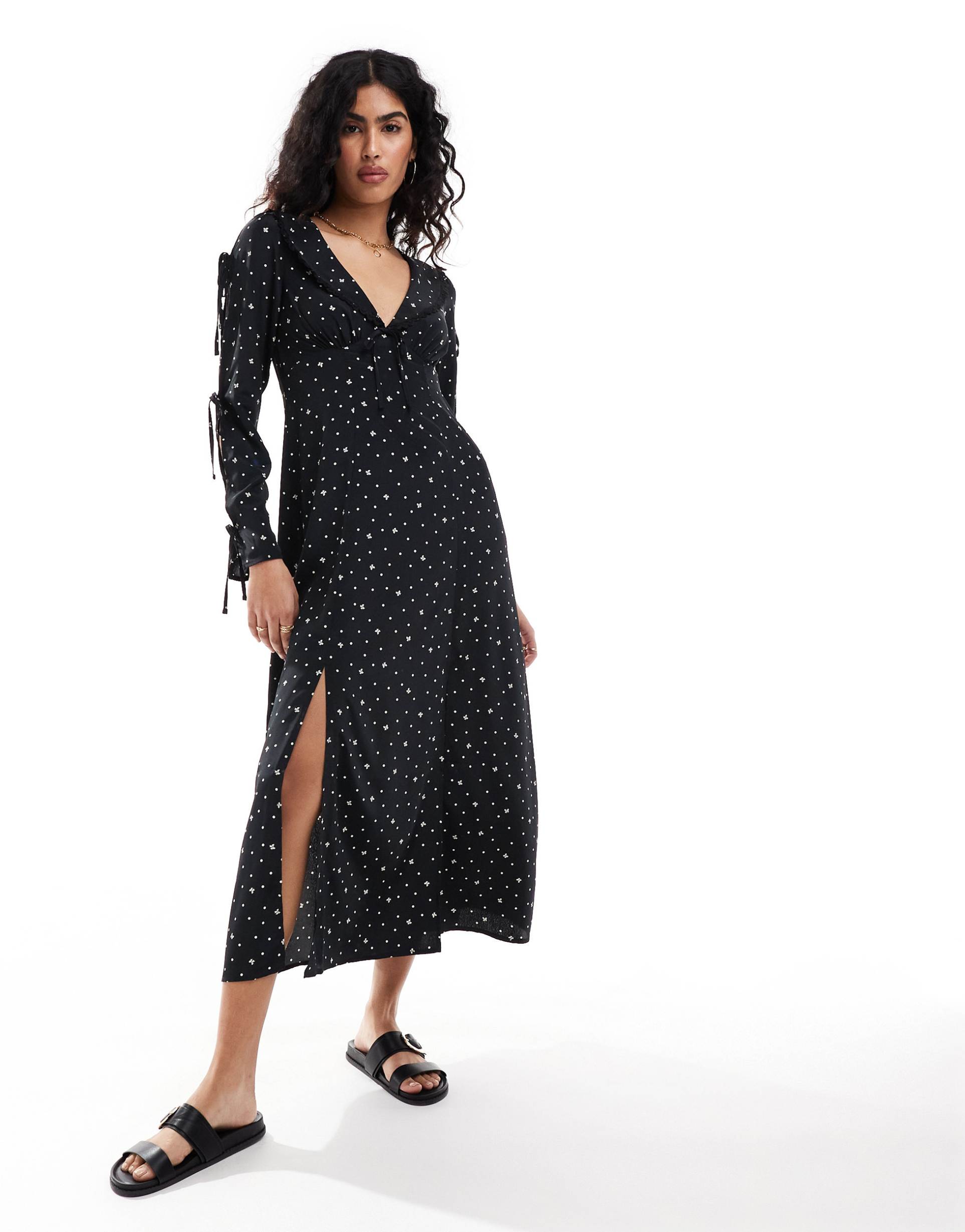 miss selfridge collar tie front bow sleeve maxi dress in polka dot bow print