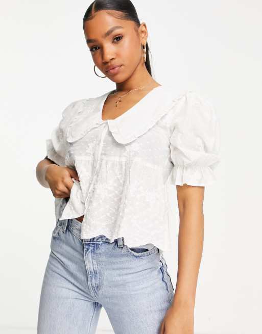 Miss Selfridge collared broderie button up blouse in ivory ASOS