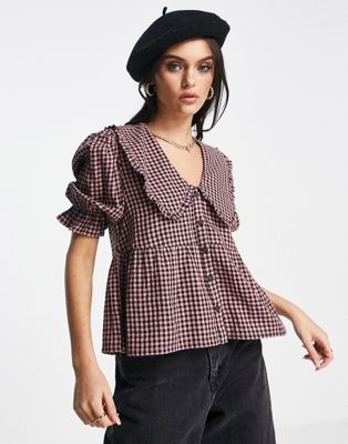 Miss Selfridge collared button through blouse in pink gingham