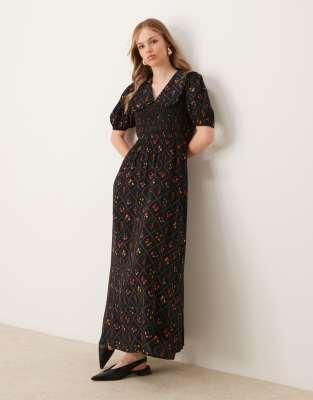 Miss Selfridge collared check maxi dress in floral print-Brown