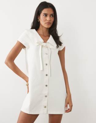 Miss Selfridge collared denim mini dress with tie detail in cream