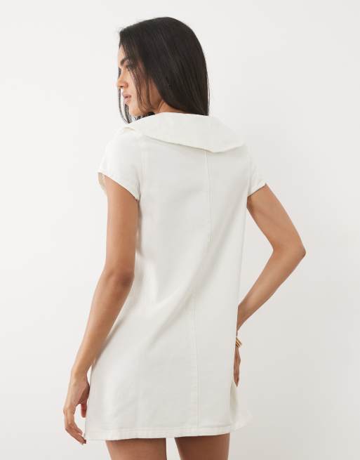 Miss Selfridge collared denim mini dress with tie detail in cream, 4 of 4