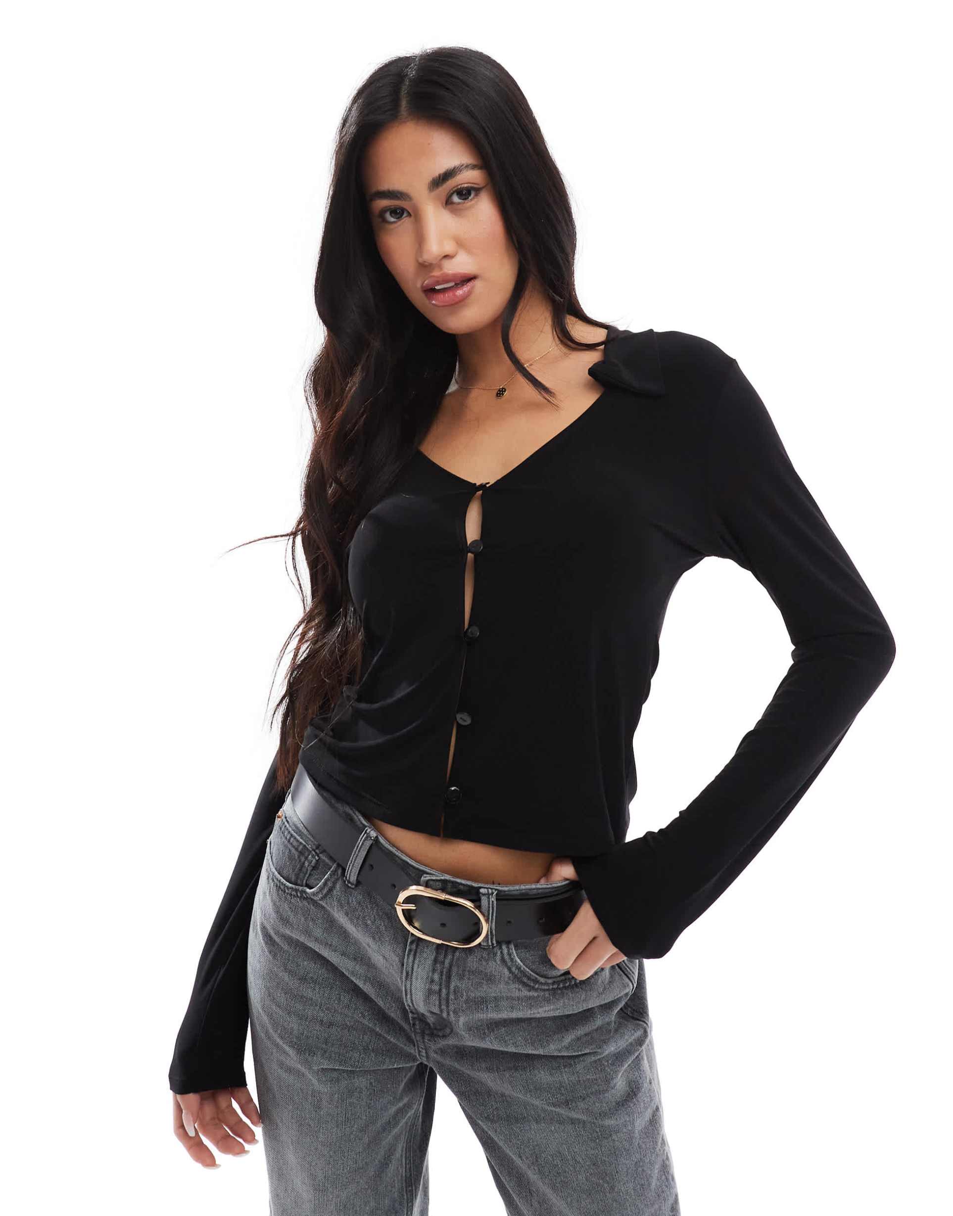 miss selfridge collared long sleeve jersey top in black