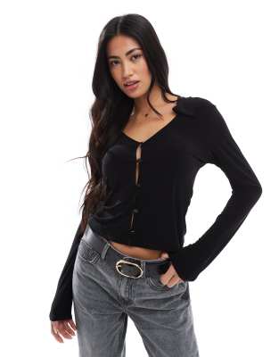 Miss Selfridge Collared Long Sleeve Jersey Top In Chocolate-brown