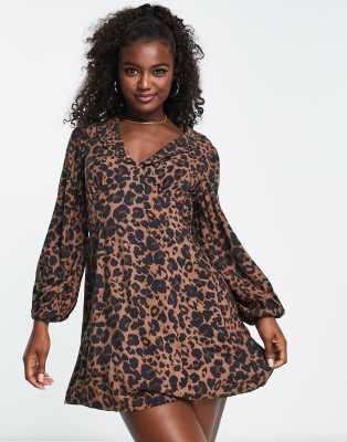 Miss Selfridge collared mini tea dress in animal print-Brown