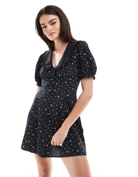 Miss Selfridge collared mini tea dress in black bow polka dot print - view 1