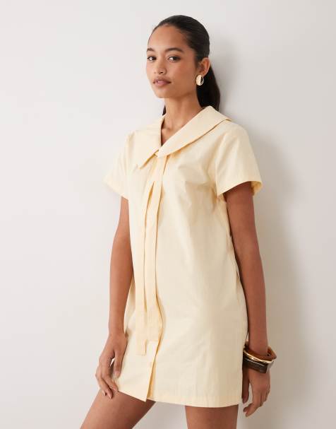 Miss Selfridge collared poplin mini dress with tie detail in buttermilk - view 1