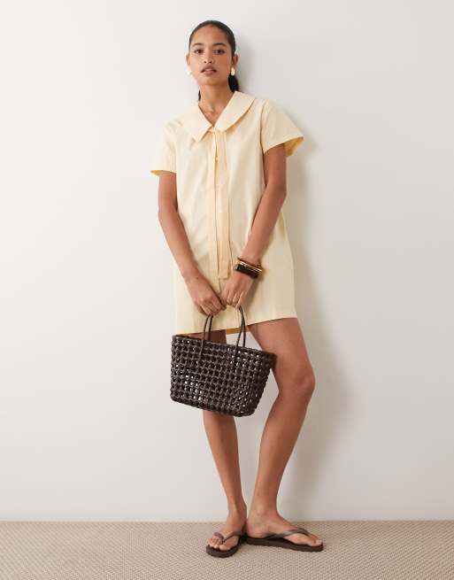 Miss Selfridge collared poplin mini dress with tie detail in buttermilk, 4 of 4