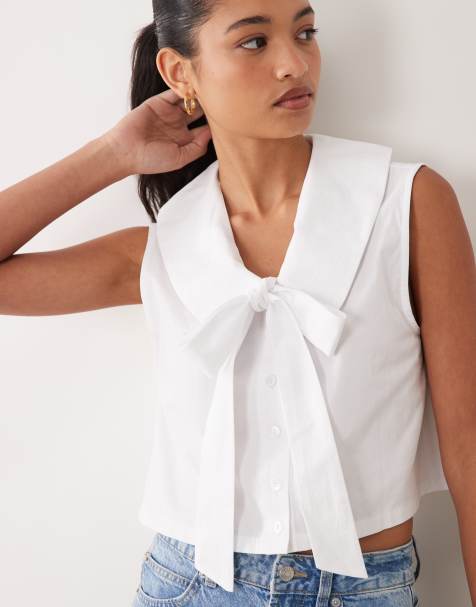 Miss Selfridge collared poplin sleeveless shirt in white - view 1