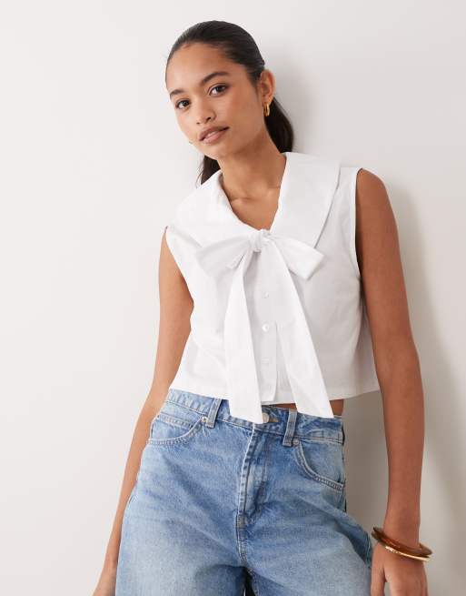 Miss Selfridge collared poplin sleeveless shirt in white, 4 of 4