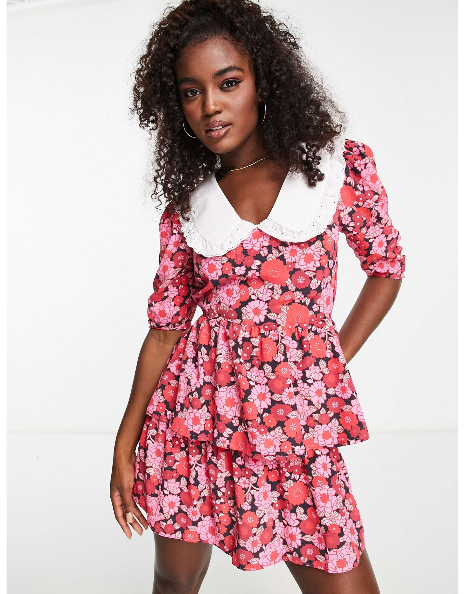 miss selfridge collared ruched sleeve tiered tea dress in pink floral