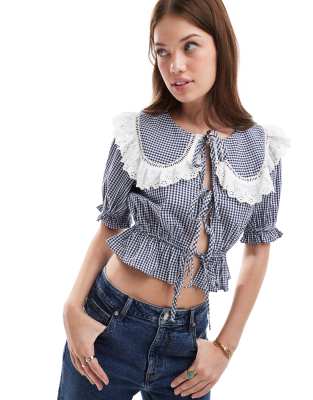 collared tie front blouse in mono gingham-Black