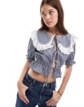 [Miss Selfridge] Miss Selfridge collared tie front blouse in mono gingham-Black 10 Mono gingham