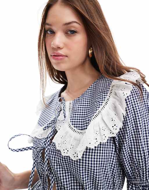 Miss Selfridge collared tie front blouse in mono gingham | ASOS Miss Selfridge collared tie front blouse in mono gingham | ASOS