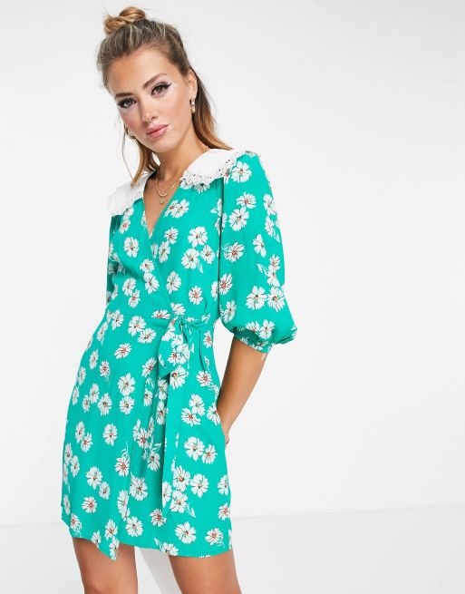 Miss Selfridge collared wrap tie waist tea dress in green floral | ASOS