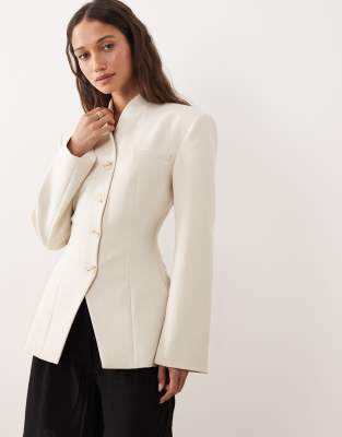 Miss Selfridge Collarless High Break Point Blazer In White