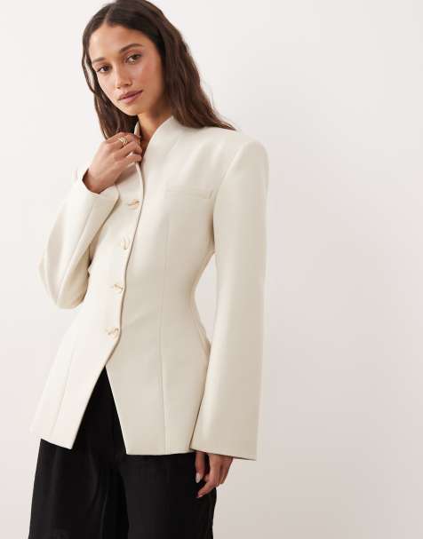 Miss Selfridge collarless high break point blazer in ivory - view 1