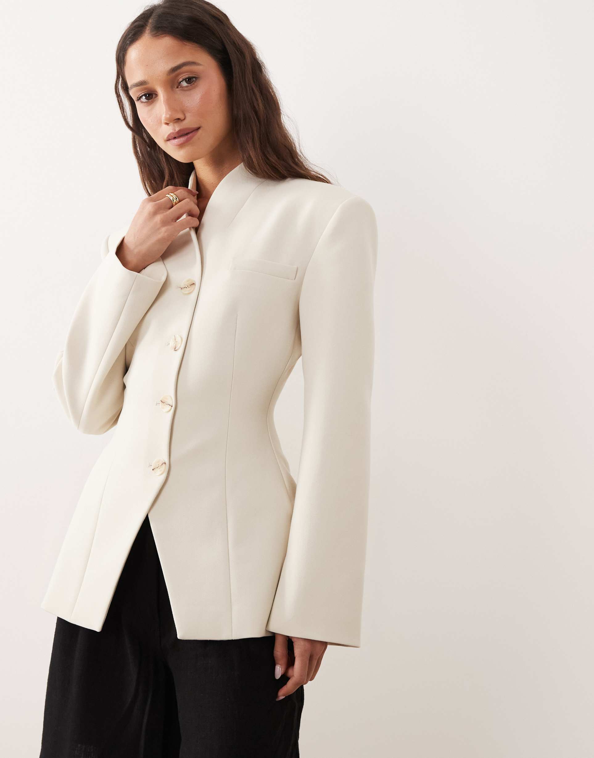 miss selfridge collarless high break point blazer in ivory
