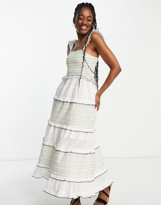 Miss Selfridge colourful stitch broderie maxi dress in ivory  - ASOS Price Checker