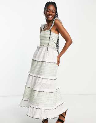 Miss Selfridge colourful stitch broderie maxi dress in ivory  - ASOS Price Checker