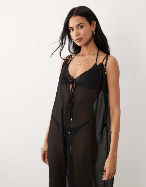 Miss Selfridge - Combinaison de plage en mousseline à ourlet bouffant - Noir, 2 de 4