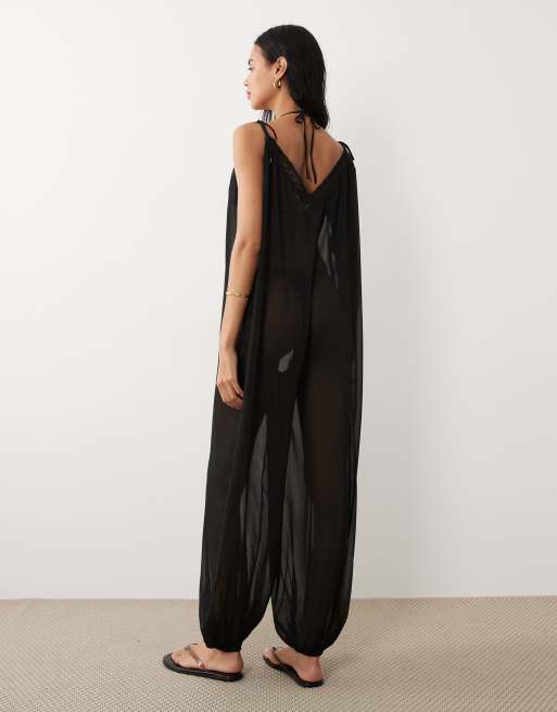 Miss Selfridge - Combinaison de plage en mousseline à ourlet bouffant - Noir, 4 de 4