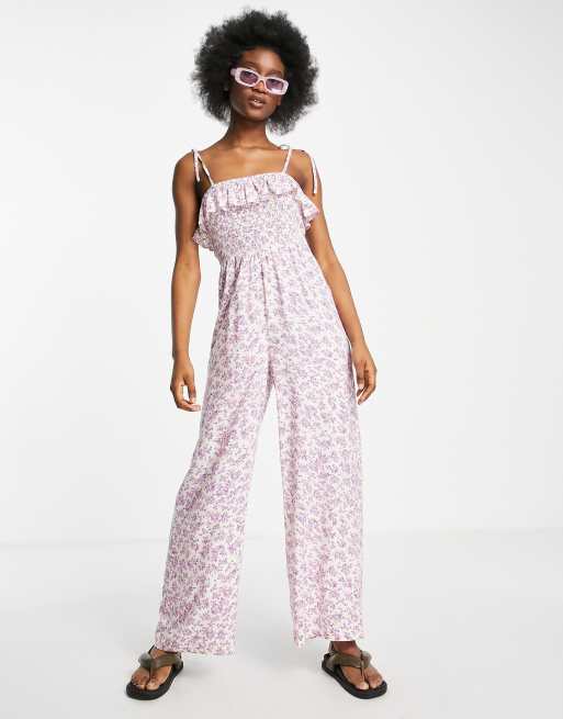 Miss Selfridge - Combinaison froncée à bretelles et motif petites fleurs - Lilas 