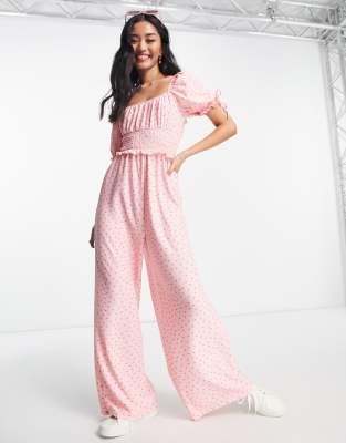 Miss Selfridge shirred puff sleeve jumpsuit in pink spot  - ASOS Price Checker