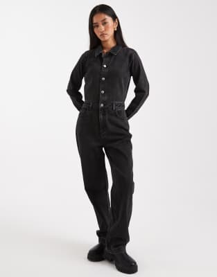Miss Selfridge - Combinaison style bleu de travail en jean - Noir délavé