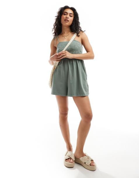 Miss Selfridge - Combishort à bretelles nouées et broderies - Vert sauge - view 1